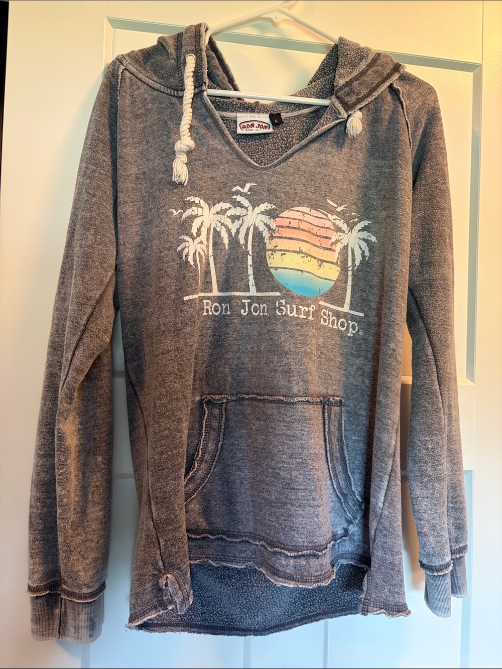 Ron Jon Gray Women’s Hooded Sweatshirt with Pastel Sunset Graphic